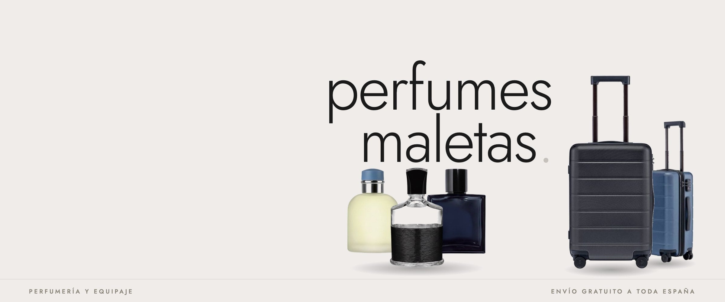 Perfumes y maletas de Outlet Metz sobre fondo beige