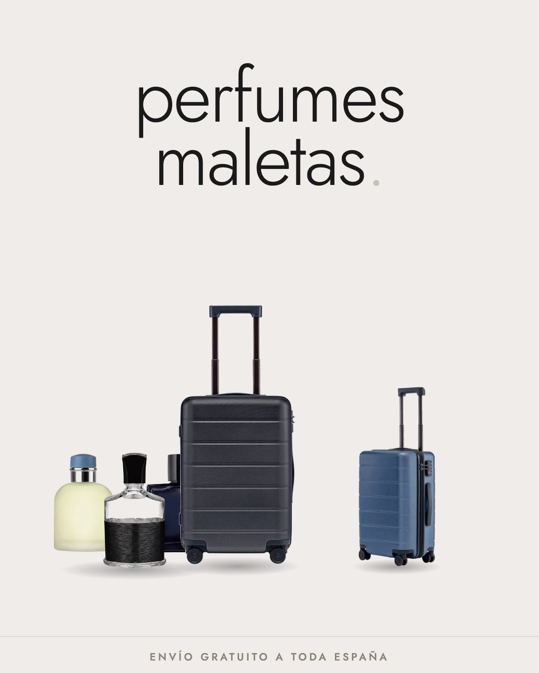 Perfumes y maletas de Outlet Metz sobre fondo beige